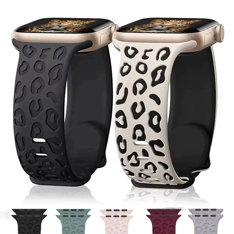 Bracelet léopard gravé pour Apple Watch Ultra2 3 bandes 49mm 44 41 40 45 38mm