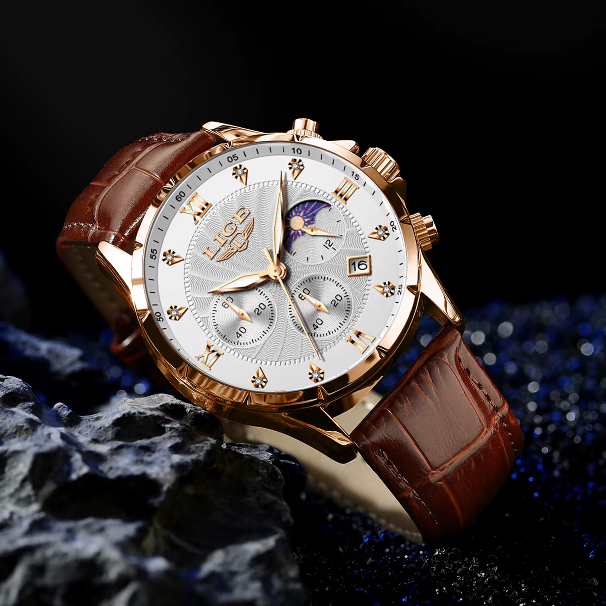 LIGE montre pour hommes de luxe affaires lumineux étanche montres en cuir Phase de lune semaine Date montre à Quartz décontractée hommes Reloj hombre