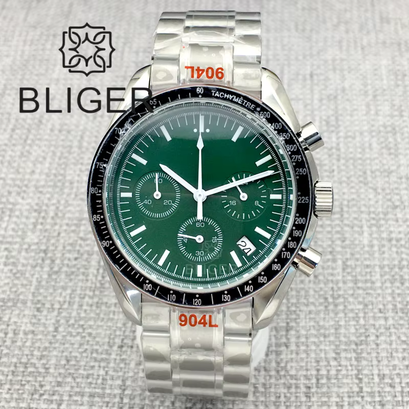 BLIGER 39mm Vintage lune chronographe montre pour hommes VK63 mouvement à Quartz en acier inoxydable bulle cristal étanche vert lumineux