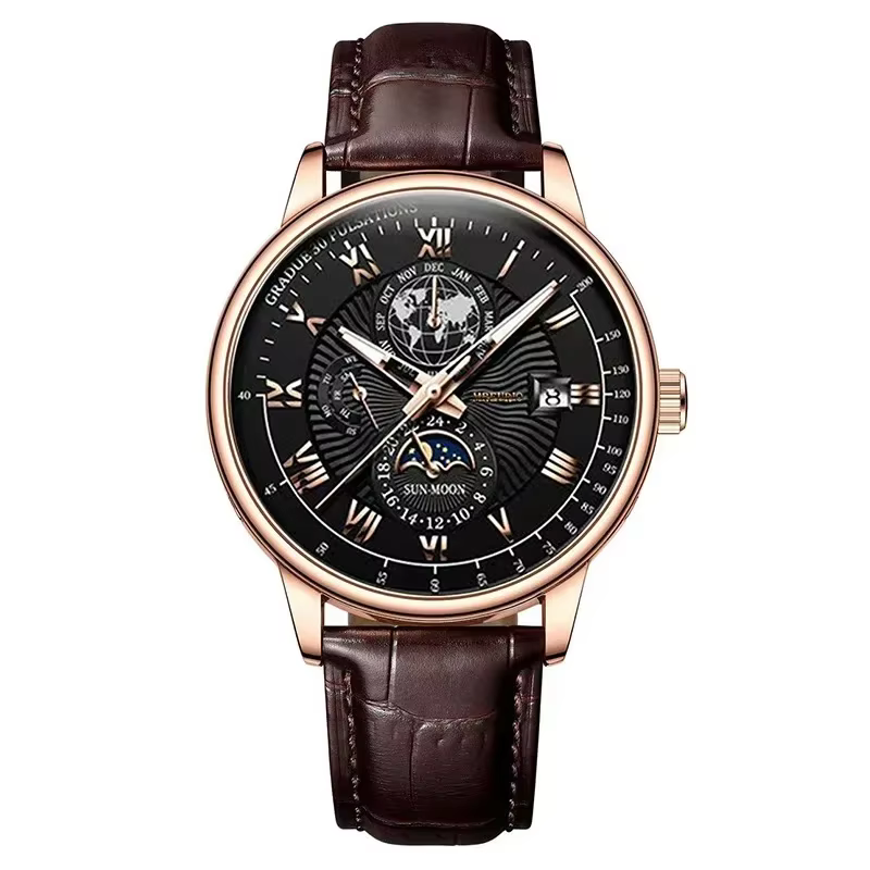 2025 montre pour hommes chronographe Phase de lune motif lumineux haut de gamme Sport homme montre-bracelet en cuir