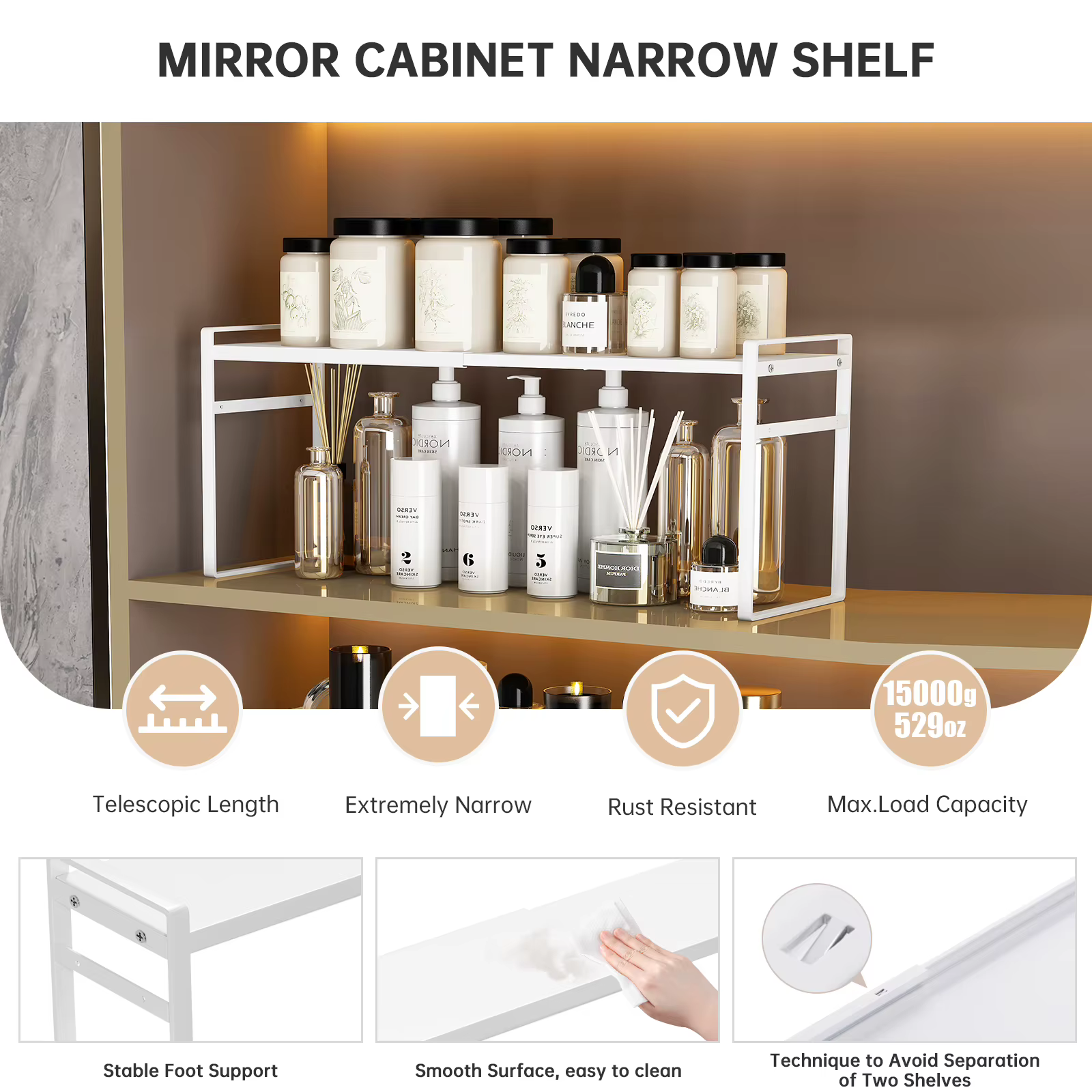 Boîte de rangement pour armoire à miroir de salle de bain, organisateur de cloison d'armoire de salle de bain, combinaison de support de rangement pour cosmétiques, organisation en couches