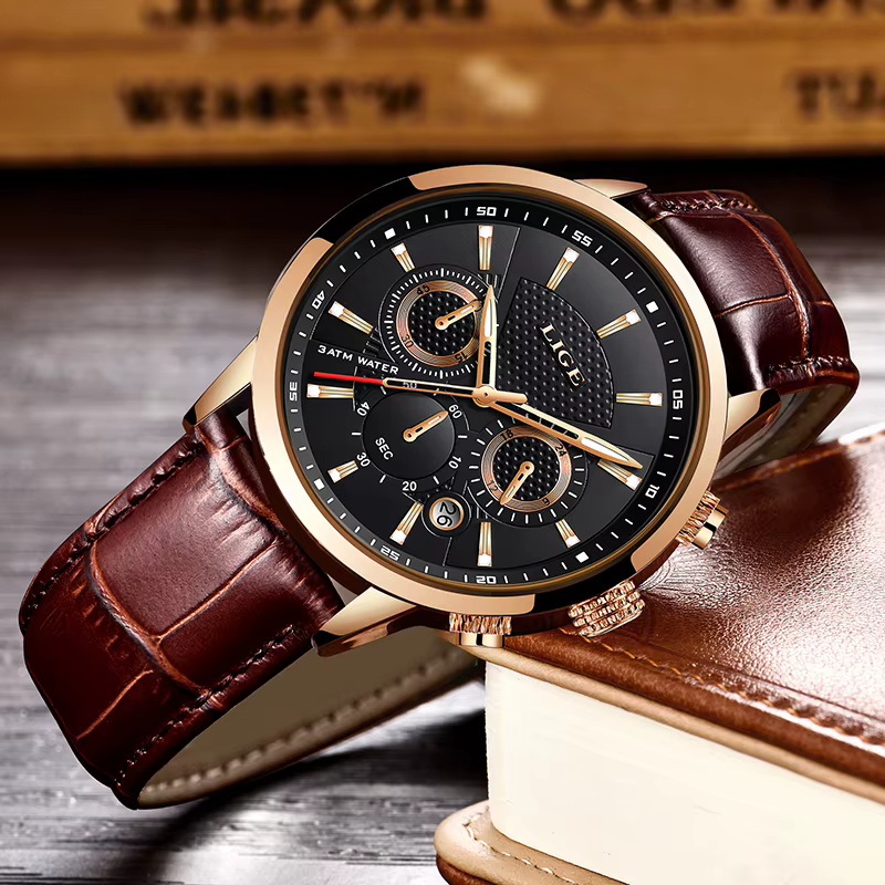 LIGE montre de luxe hommes en cuir Sport montres