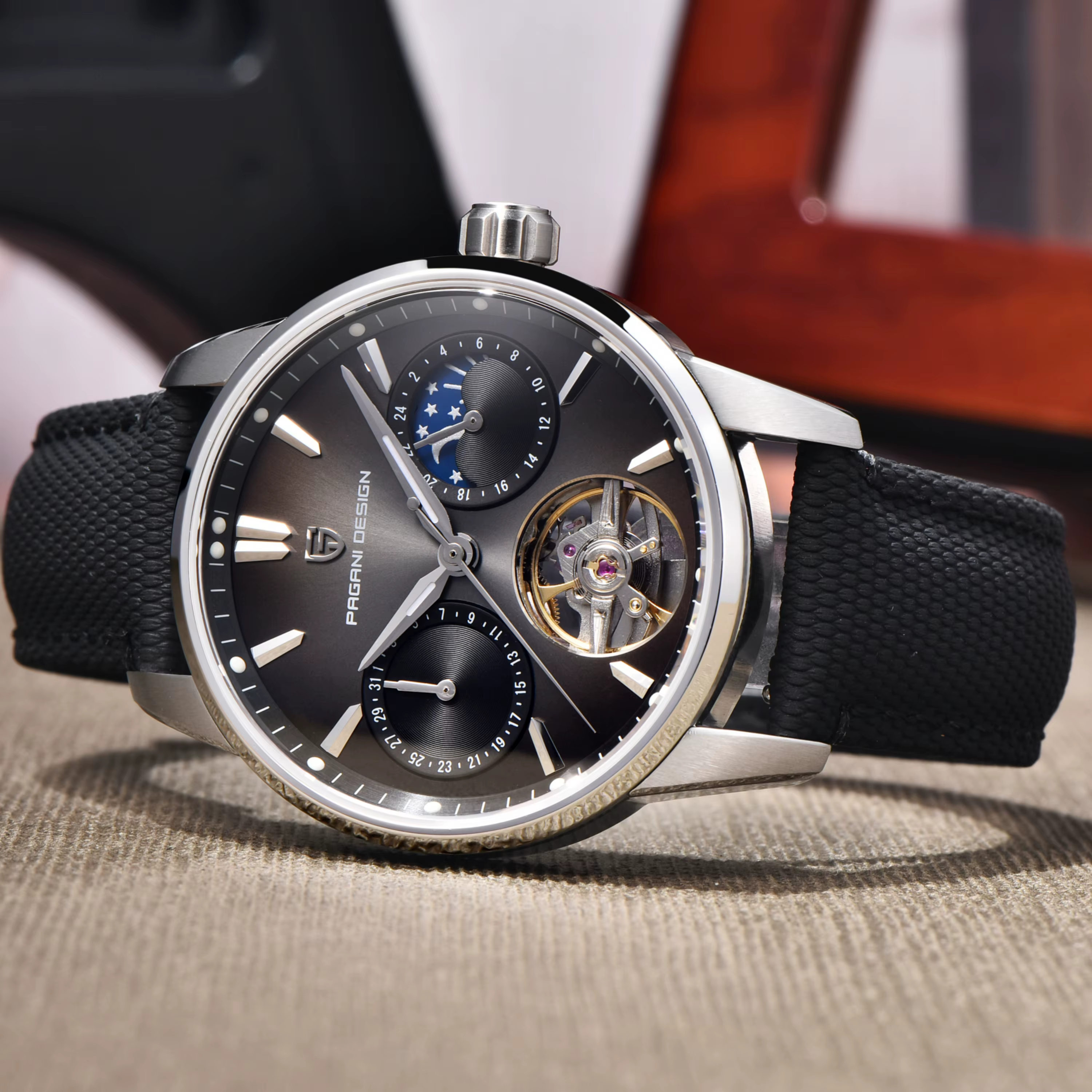 PAGANI DESIGN 2025 PD-YS021 montre mécanique de luxe pour hommes coeur ouvert Tourbillon phase de lune cadran violet saphir 41mm 100M WR