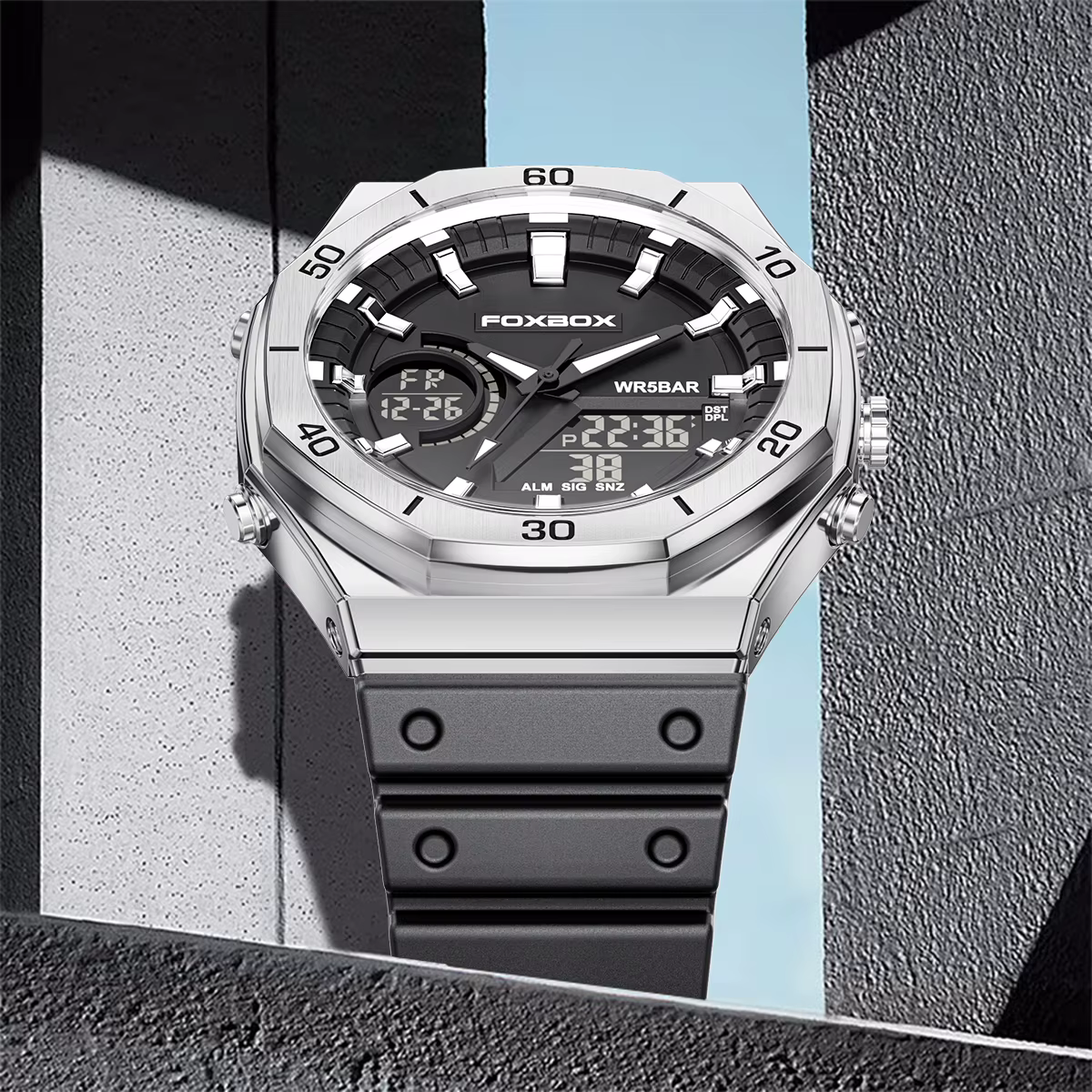 Montre militaire FOXBOX 0030 à double affichage numérique et quartz pour homme