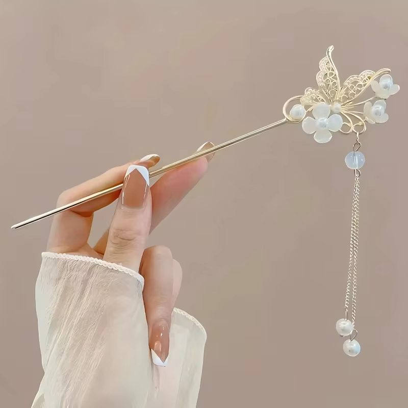 Pince à cheveux élégante de Style chinois, bâton à pompon, Design Floral traditionnel, accessoire de coiffure, bijoux pour femmes, épingle à cheveux