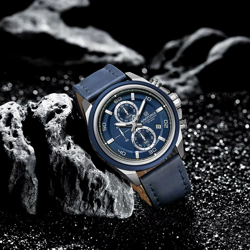 NAVIFORCE marque montres pour hommes bracelet en cuir véritable chronographe Quartz affichage de la Date montre-bracelet Sport étanche mâle cadeau horloge