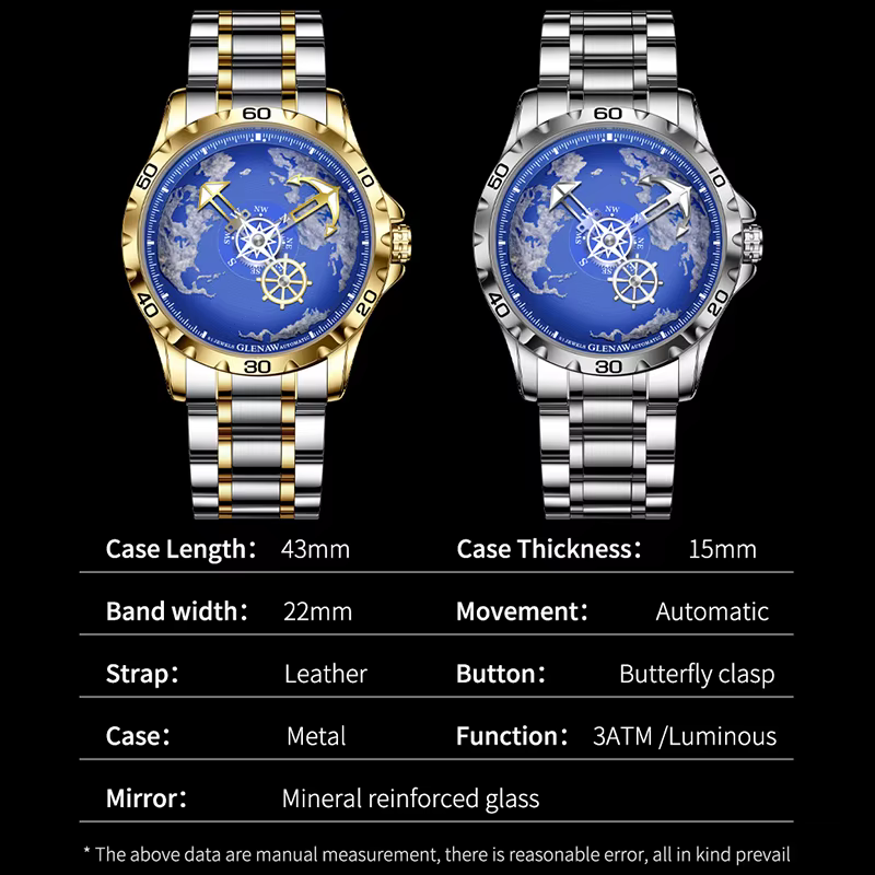 GLENAW Design nouveaux hommes montres série nautique voyageur en acier inoxydable brillant étanche montre mécanique