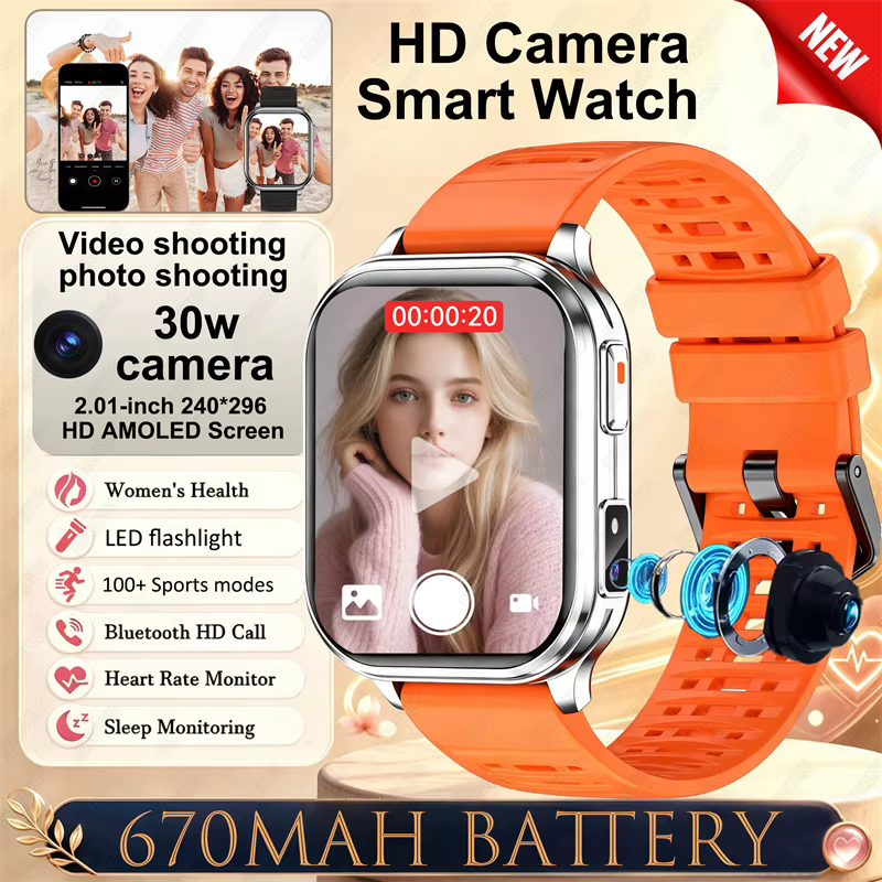 Nouvelle montre connectée avec caméra pour hommes et femmes, enregistrement de photos et vidéos, moniteur de santé, étanche, sport, fitness, appels Bluetooth HD, montre connectée pour homme
