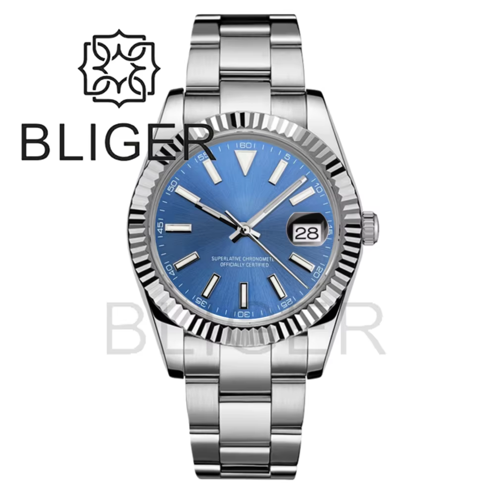 BLIGER 36mm/39mm montre DJ pour hommes lunette cannelée verre saphir étanche en acier inoxydable fermoir Glidelock cadran lumineux Sunburst