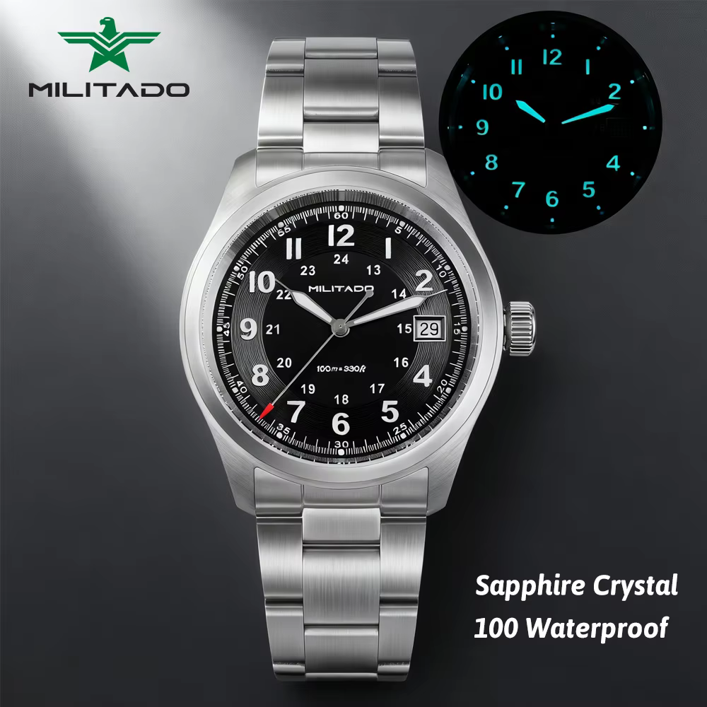 Militado ML08 montre à Quartz Vintage Ronda 515 mouvement Ar saphir miroir 38Mm montre-bracelet Date Super lumineux étanche montres