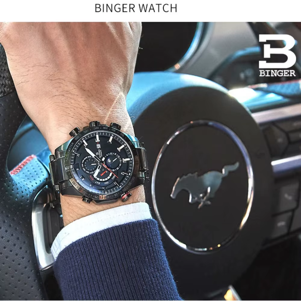 Véritable marque de luxe BINGER hommes montres automatique mécanique lumineux entièrement en acier étanche calendrier de course mâle Phase de lune
