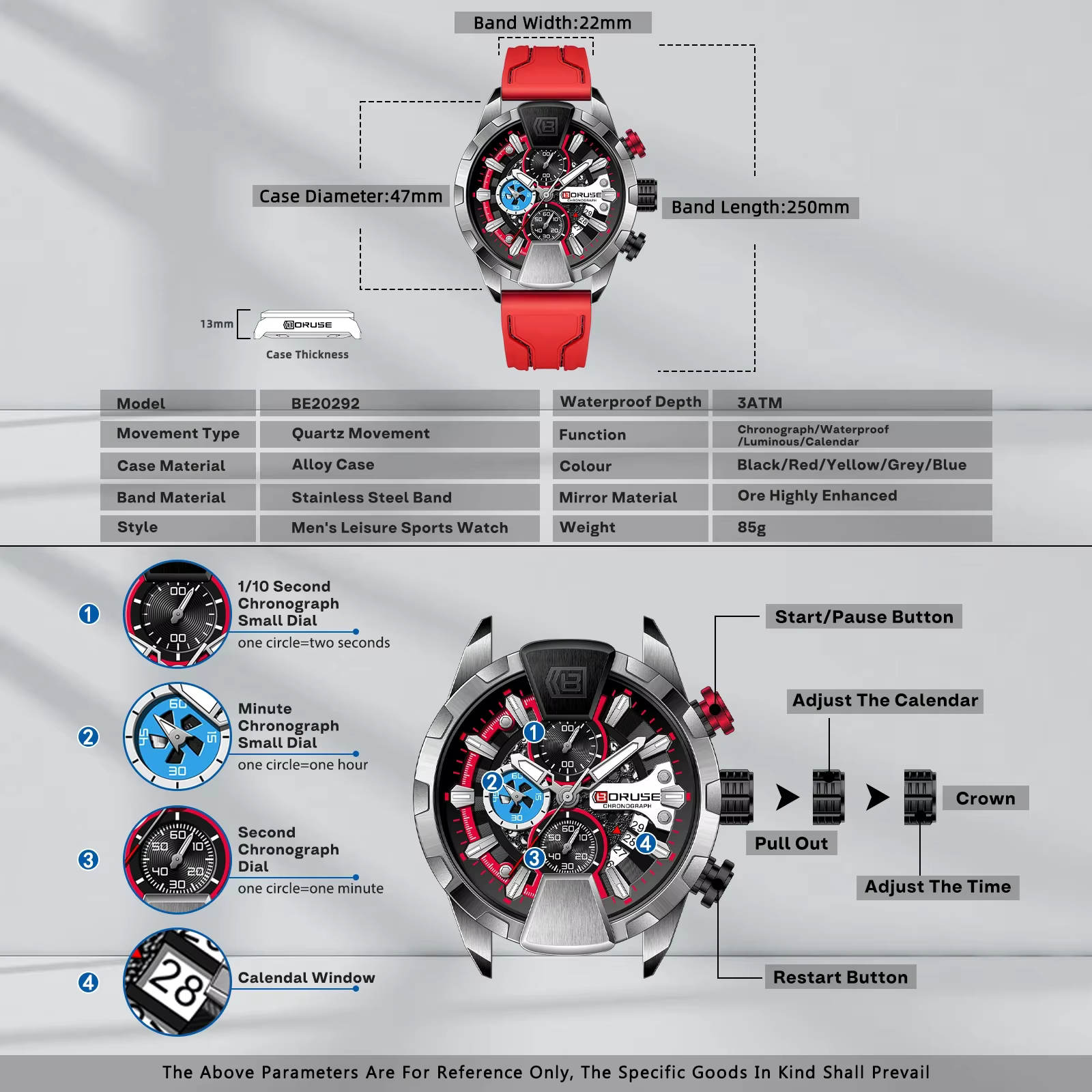 BORUSE montres pour hommes rouge étanche chronographe montre