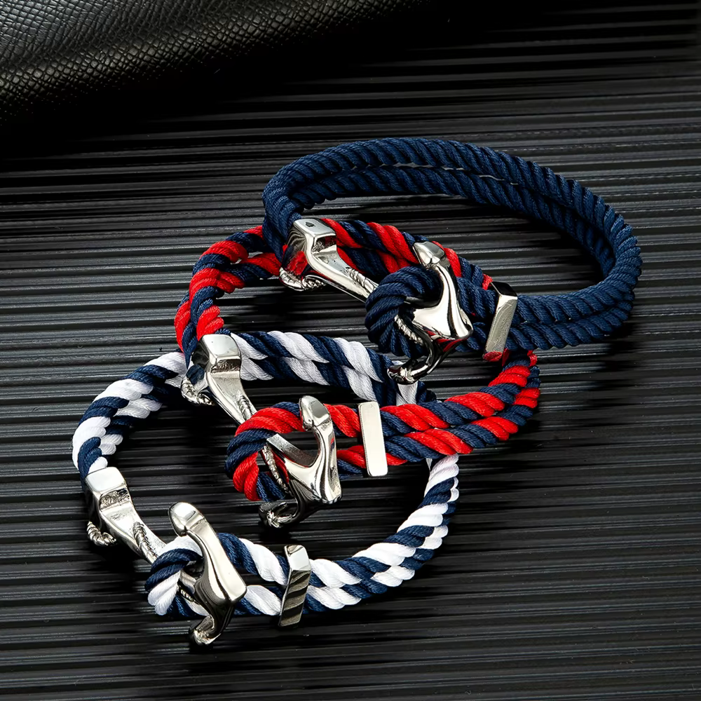 MKENDN – Bracelets d'ancre de Style marine pour hommes et femmes, Double brin, multicolore, corde de surfiste nautique, crochet de bateau en acier inoxydable