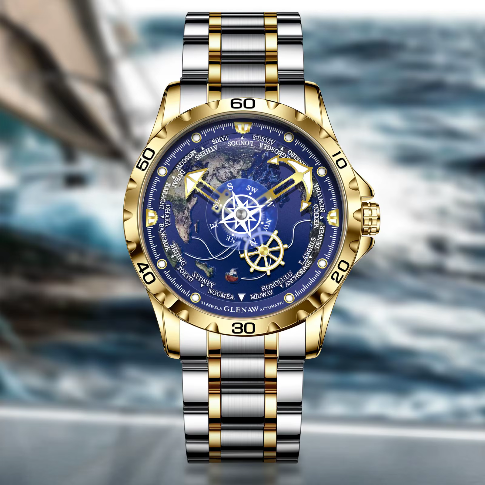 Glenaw Navigator Series Montre mécanique entièrement automatique Globe double couleur or et argent