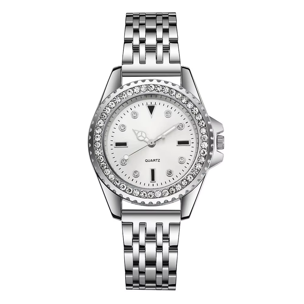 Mode dames argent Simple plein diamant anglais montre 2025 nouvelle marque femmes en acier inoxydable horloge de luxe robe montres