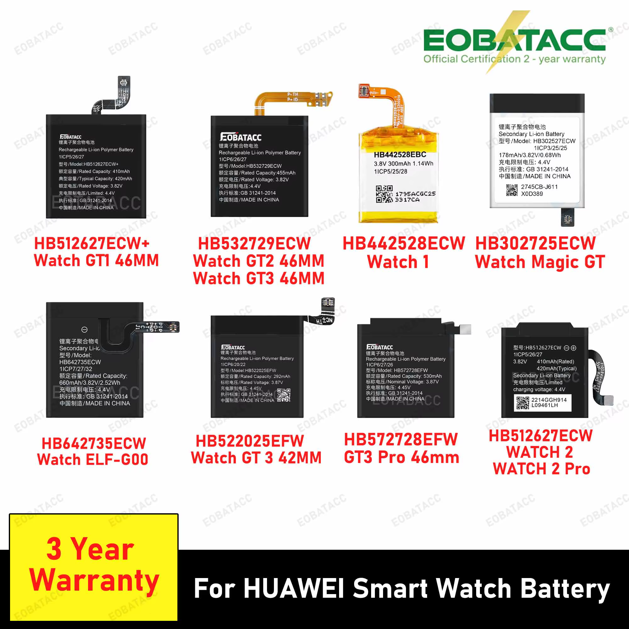 Batterie de montre intelligente 100 % neuve pour Huawei Watch 1/2/2 Pro/GT 46 mm/Magic 1/GT2 46 mm/GT3 42 mm/GT4 46 mm/GS3 + Outils gratuits