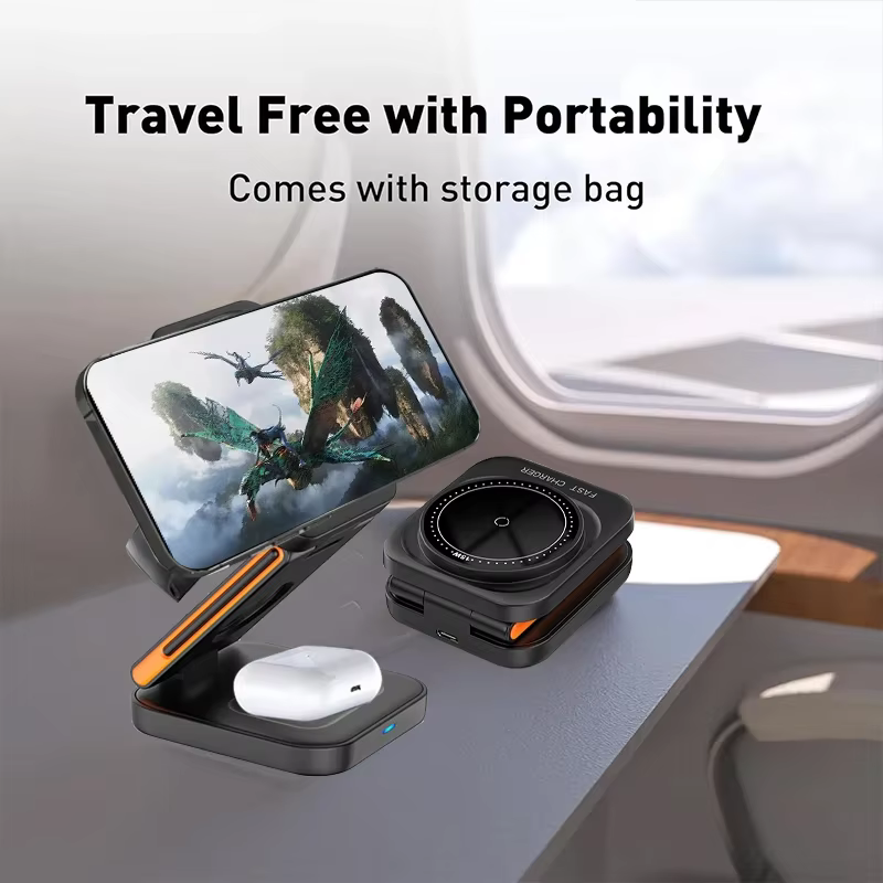 Station de charge pliable 3-en-1 avec support de chargeur sans fil magnétique rapide pour iPhone 17 16 15 14 13 12