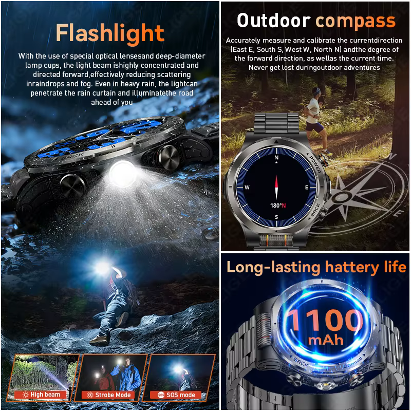 Montre connectée militaire LIGE pour homme, batterie 1100 mAh, boussole, lampe de poche, étanche 3 ATM, écran AMOLED 466*466, appels Bluetooth, montres d'extérieur