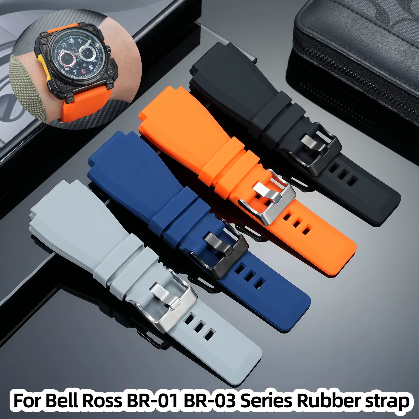 24x35mm bracelet de montre pour Bell Ross BR-01 BR-03 série hommes étanche en caoutchouc Orange gris noir