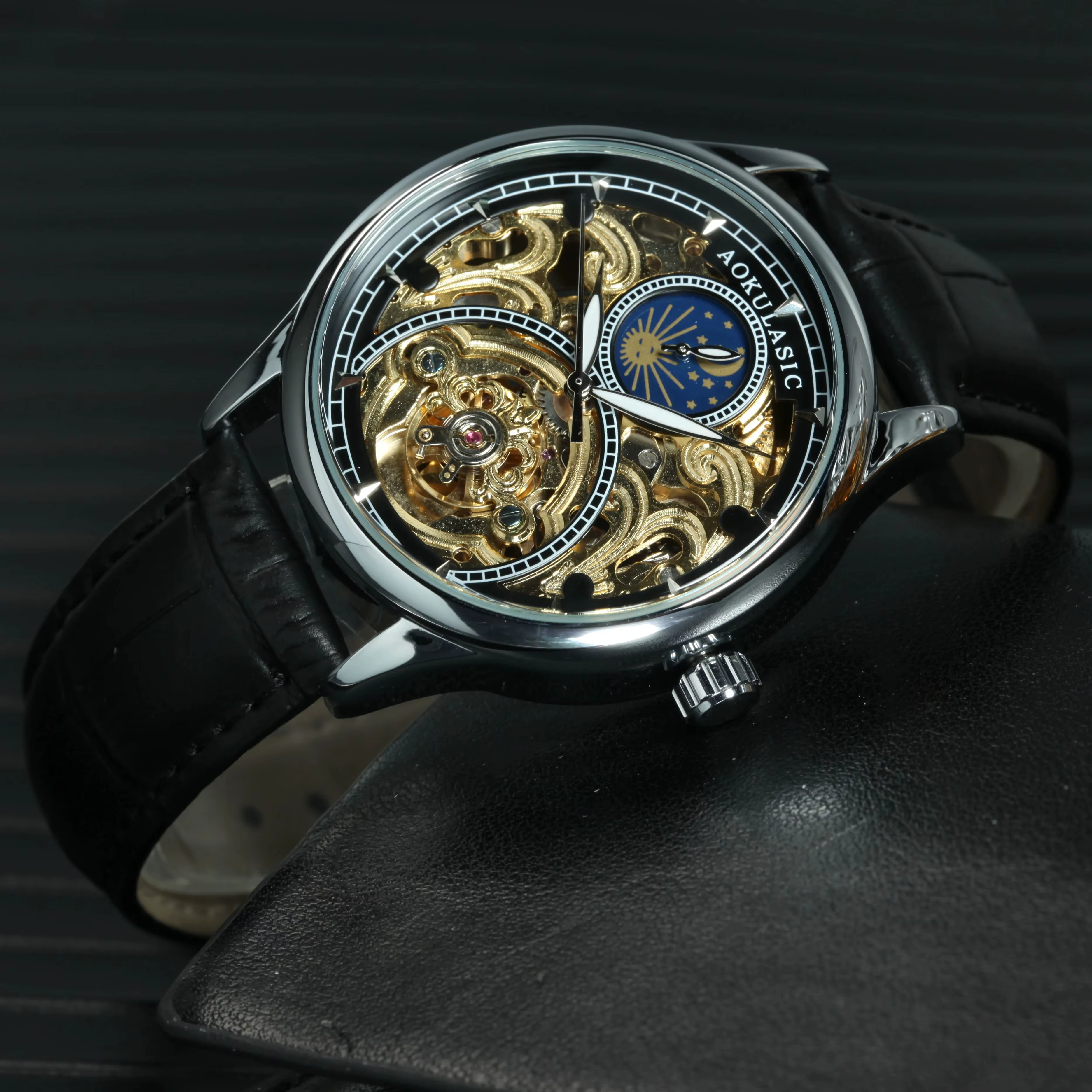 AOKULASIC Tourbillon hommes montres haut de gamme de luxe squelette automatique montre mécanique bracelet en cuir décontracté Phase solaire mâle horloge
