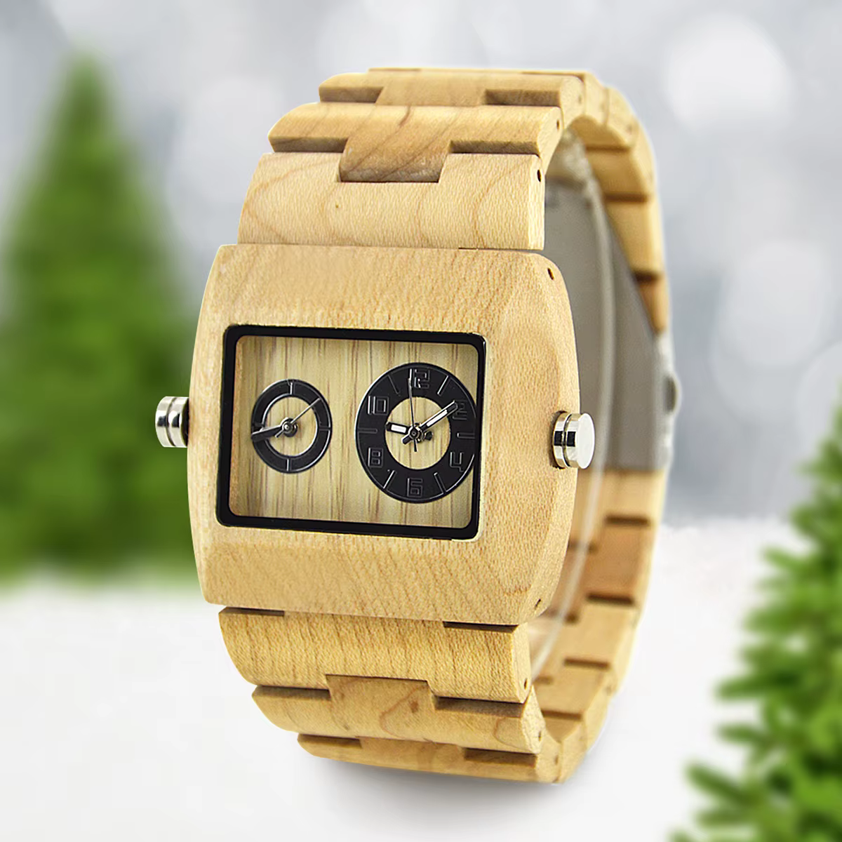 Montre Bracelet Homme en Bois Cadran Carré Rectangulaire Double Affichage Heure Quartz Style Professionnel Décontracté
