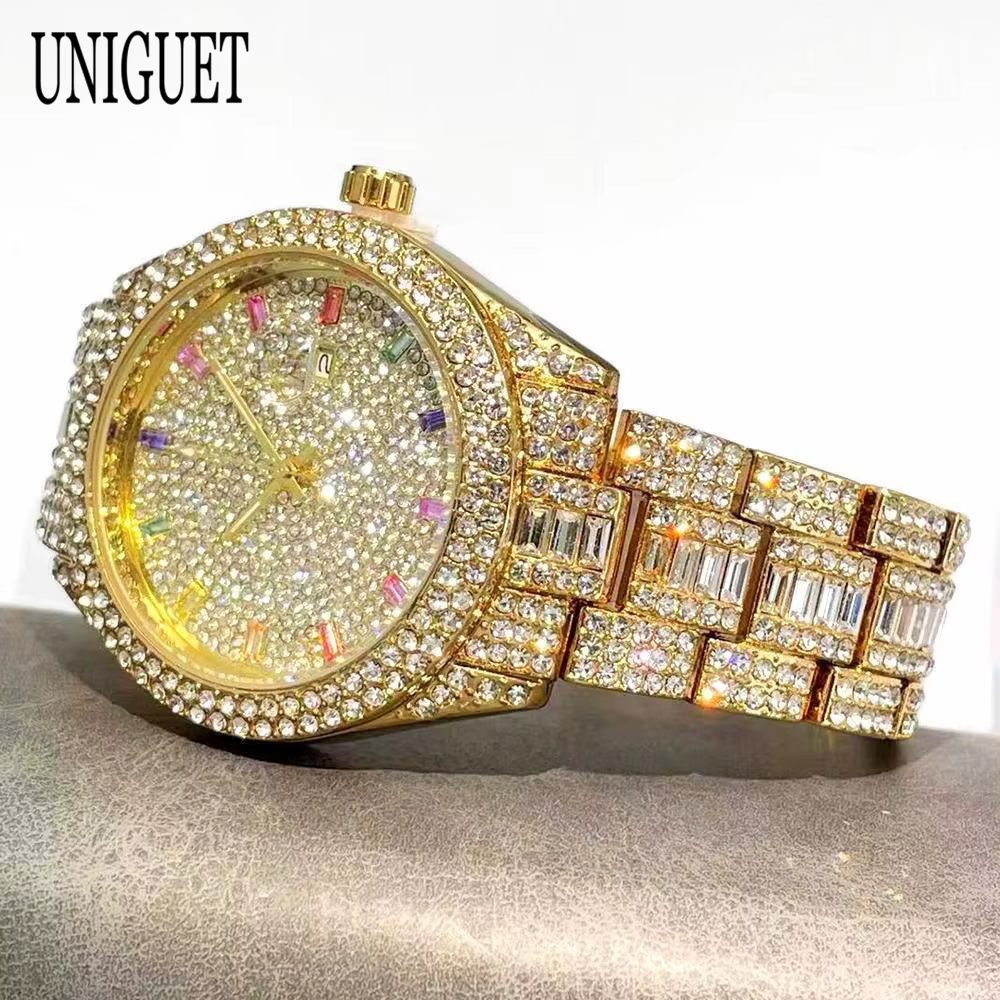 UNIGUET mode montre de glace pour hommes de luxe argent Quartz horloge Hip Hop couleur diamant bijoux montre-bracelet homme Reloj Hombre