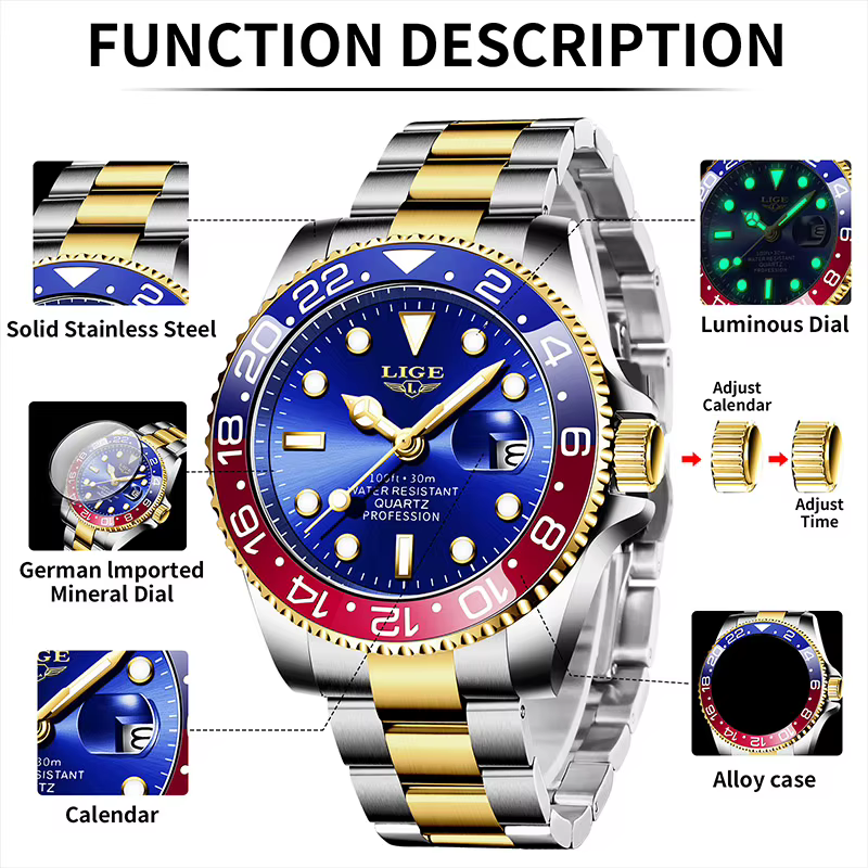 LIGE 2025 nouvelle montre pour hommes lumineux en acier inoxydable affaires quartz horloge de luxe montres étanches