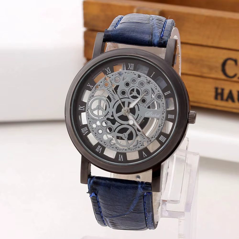 Mode squelette hommes montres Quartz Bracelet en cuir