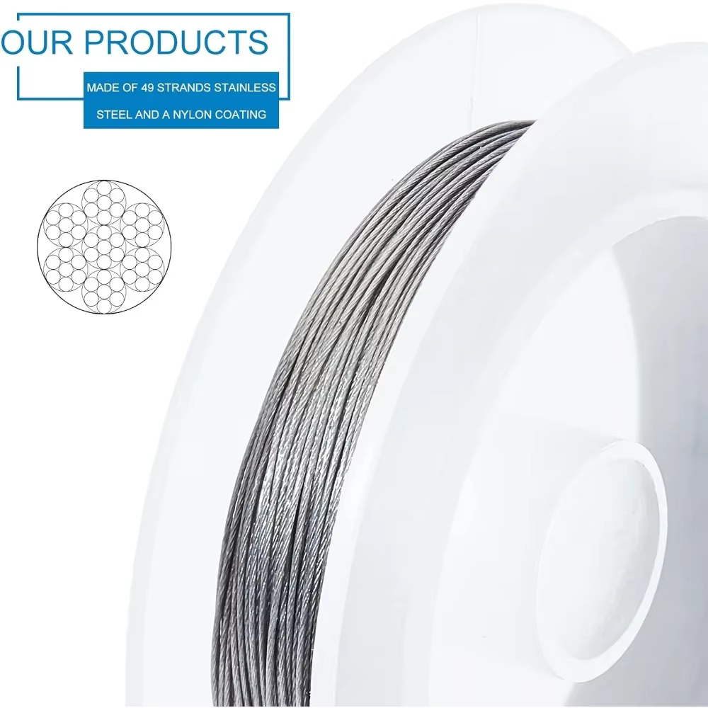 Fil de perles en acier inoxydable enduit de nylon, 49 brins, 0.46mm, 49 pieds, pour collier, bracelet exécutif, gris