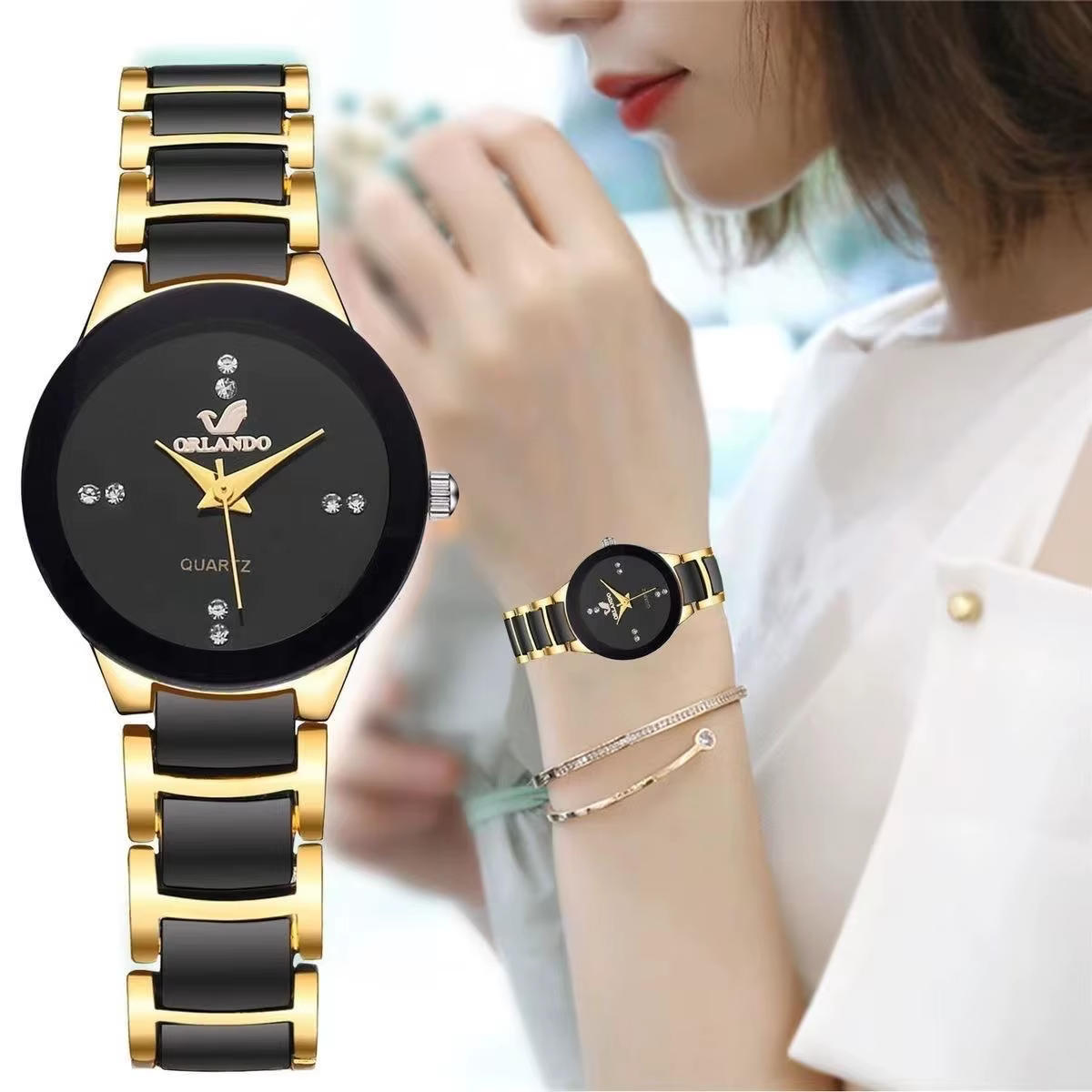 Montre à quartz avec bracelet en acier noir pour femme