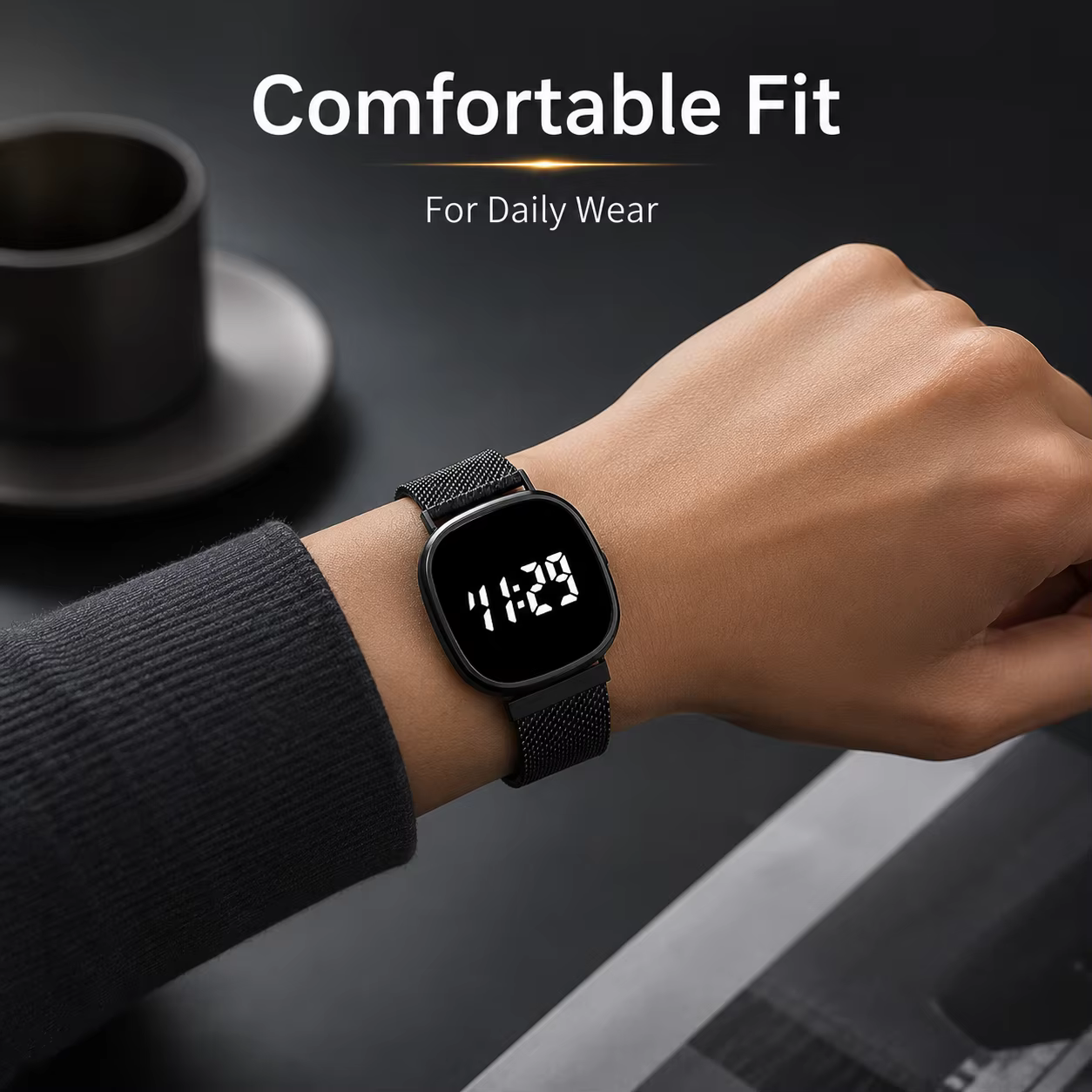 Montre à bracelet en maille métallique avec affichage numérique LED, montre-bracelet électronique carrée arrondie unisexe.