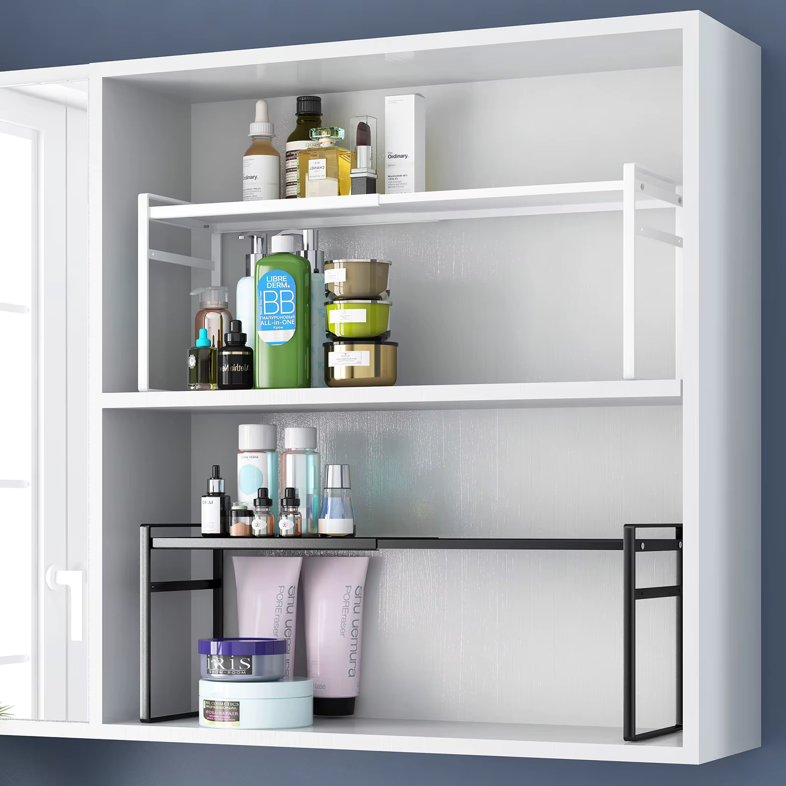 Boîte de rangement pour armoire à miroir de salle de bain, organisateur de cloison d'armoire de salle de bain, combinaison de support de rangement pour cosmétiques, organisation en couches