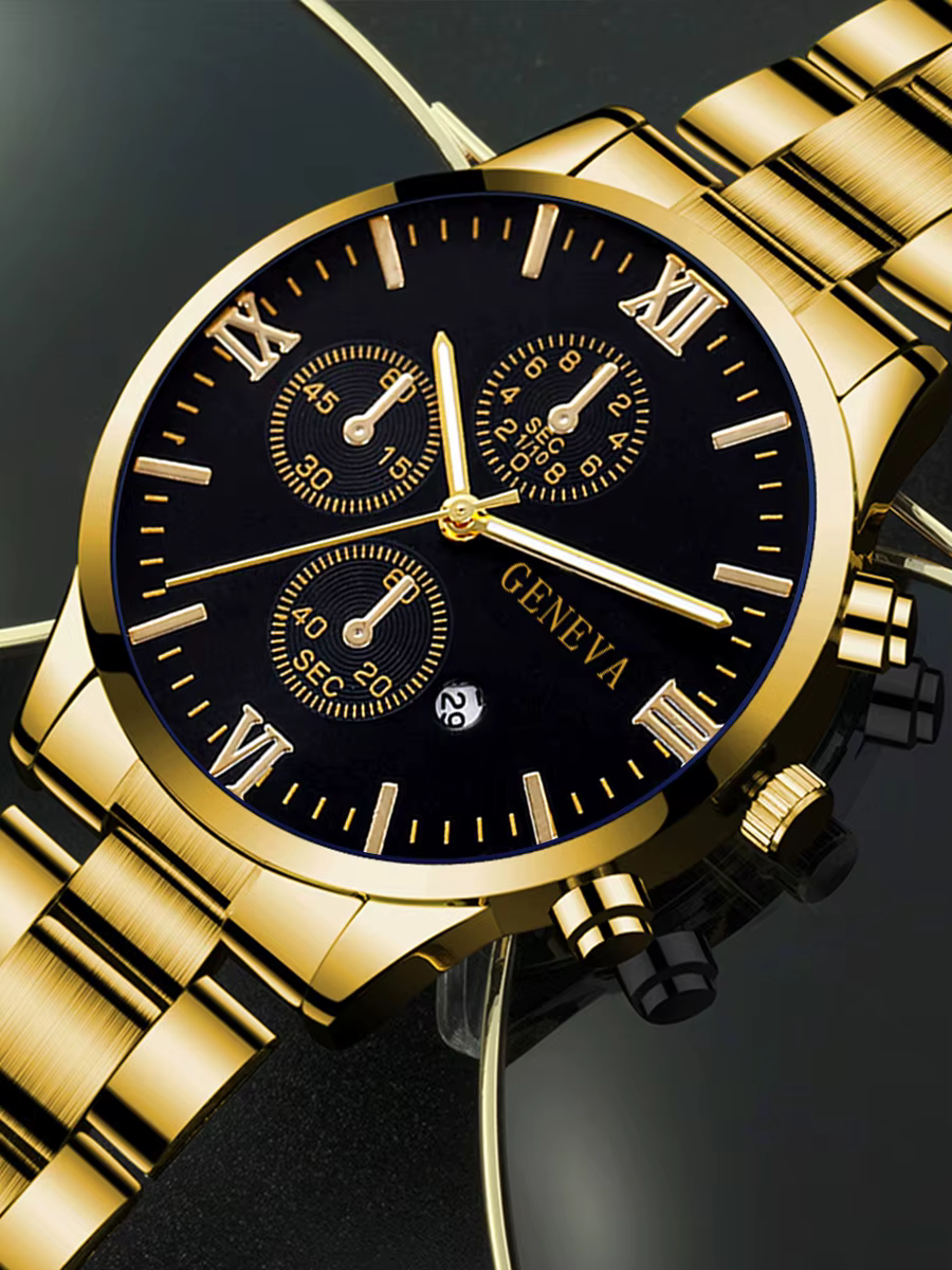 Ensemble de 4 montres à quartz pour hommes en alliage d'or avec calendrier romain et collier croix