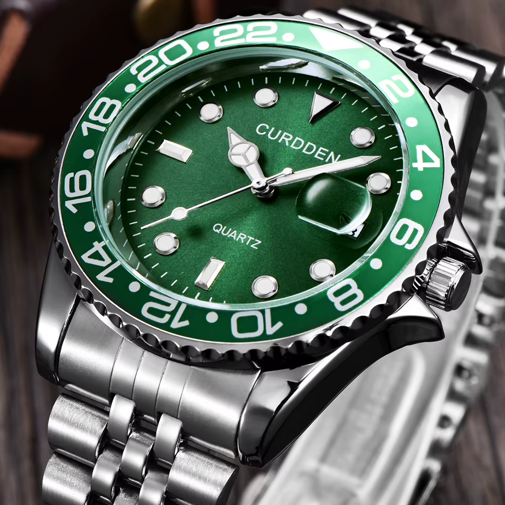 Femmes grande marque véritable CURDDEN 6582 montres dame décontracté entièrement en acier inoxydable bande Date Quartz montre-bracelet vert Montre Homme