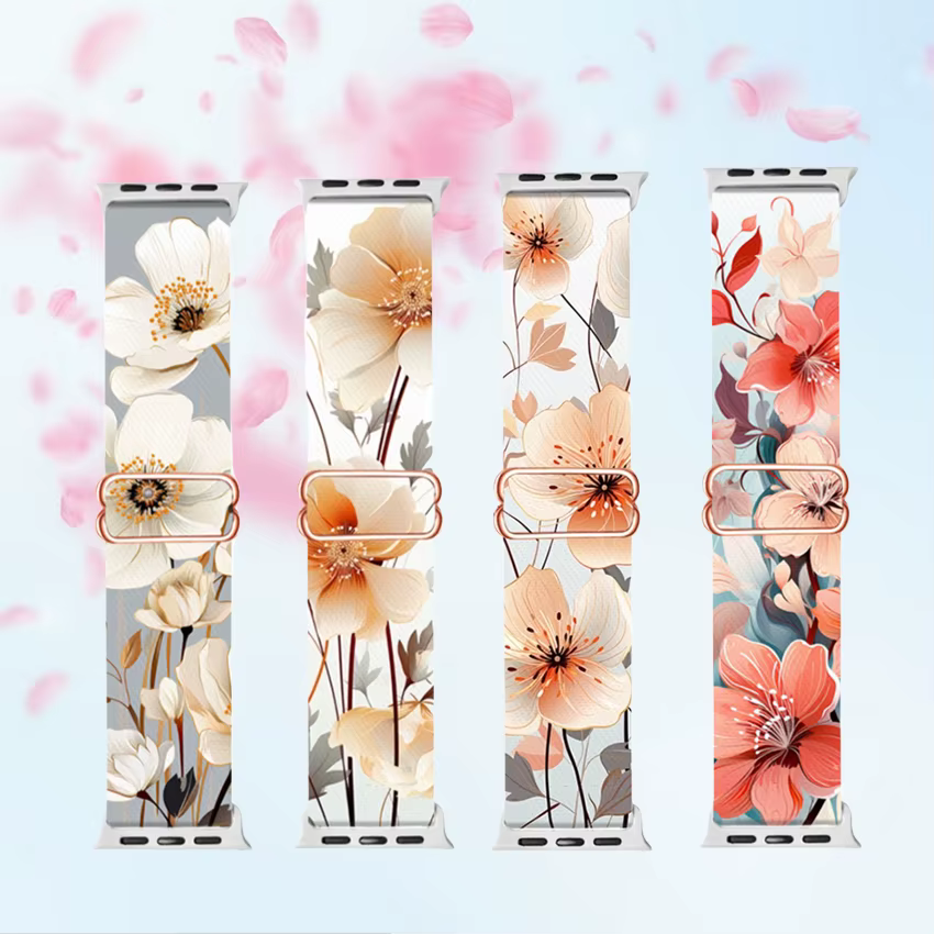 Bracelet Nylon à Motif Fleuri Peint pour Apple Watch 38-49mm - Sangle Respirante avec Fermoir Coulissant en Acier Inoxydable (Séries 3-10/SE/Ultra/Ultra2)