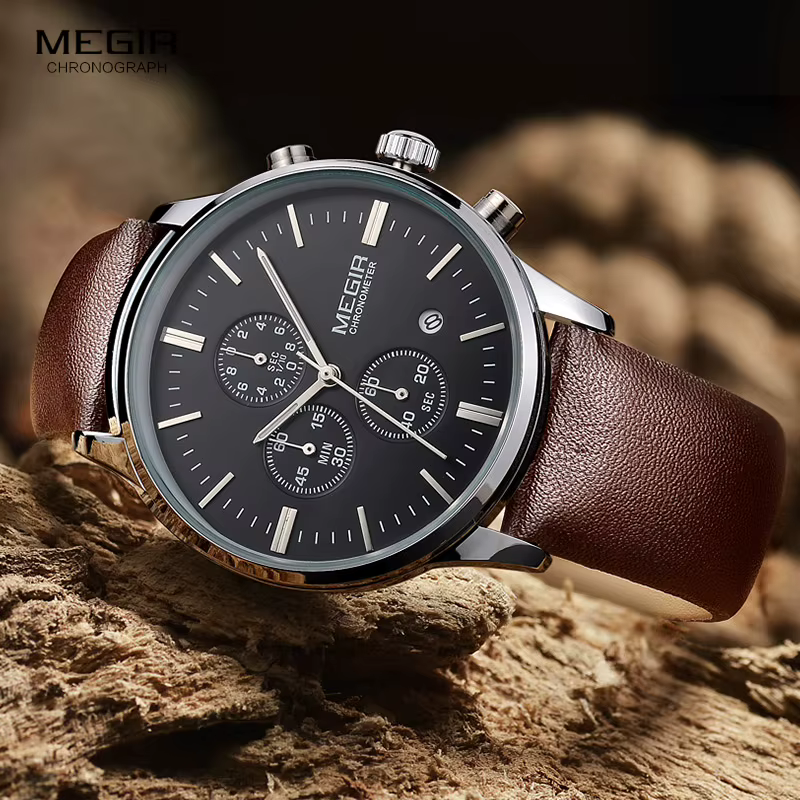 Mode Megir 2011 Top marque Quartz hommes lumineux étanche montre de sport homme Commercial en cuir véritable affaires montres