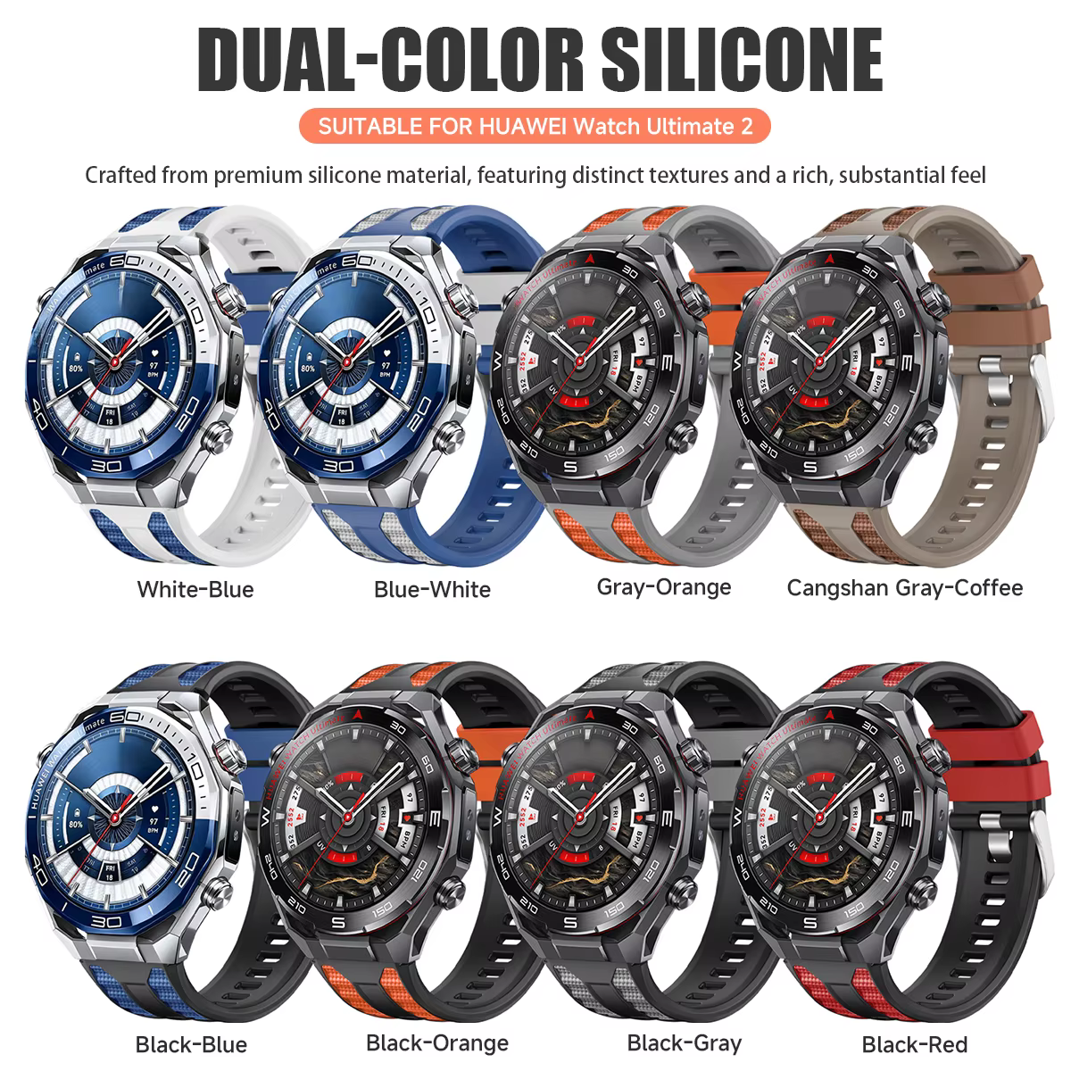 Bracelet de montre en Silicone bicolore pour Huawei Watch Ultimate 2