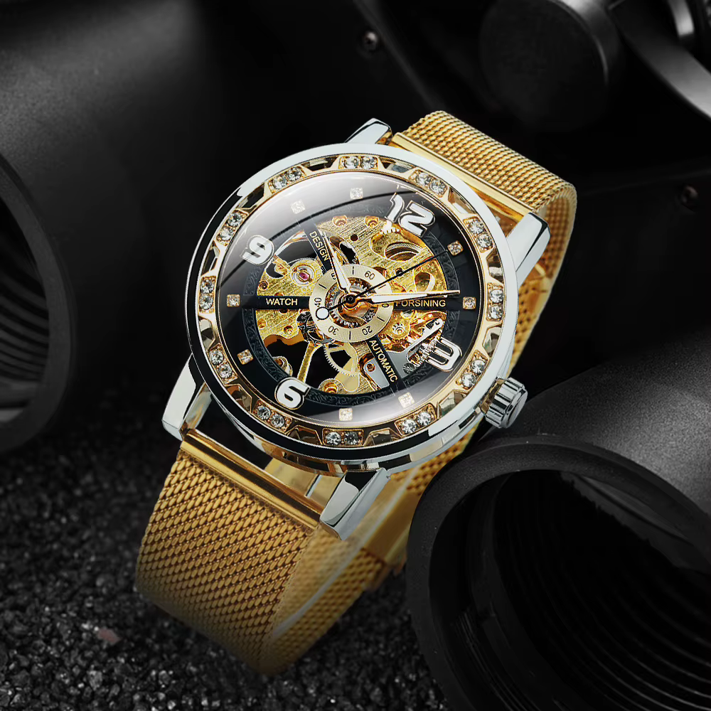 Forsining montres mécaniques de luxe aiguilles lumineuses montre squelette rétro en or pour hommes bracelet en acier