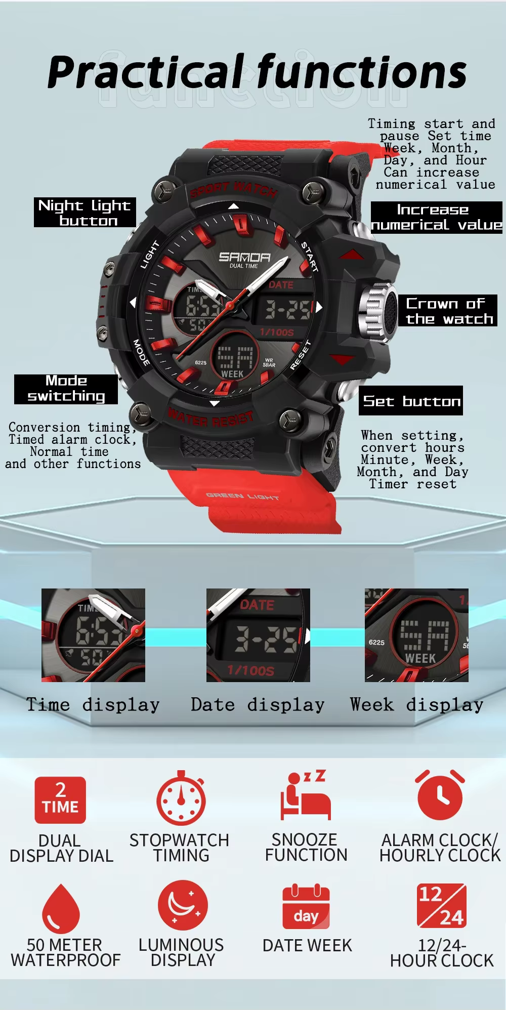 SANDA montre de sport pour hommes femmes Quartz numérique double affichage montres résistant aux chocs à l'eau Camping montre-bracelet 5M 6225