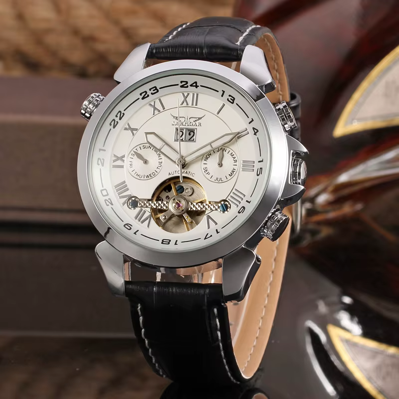 JARAGAR-Montre existent Multifonctionnelle pour Homme, Tourbillon de Luxe Original, Cuir, Élégant, Mécanique, Étanche, Montres-Bracelets pour Homme