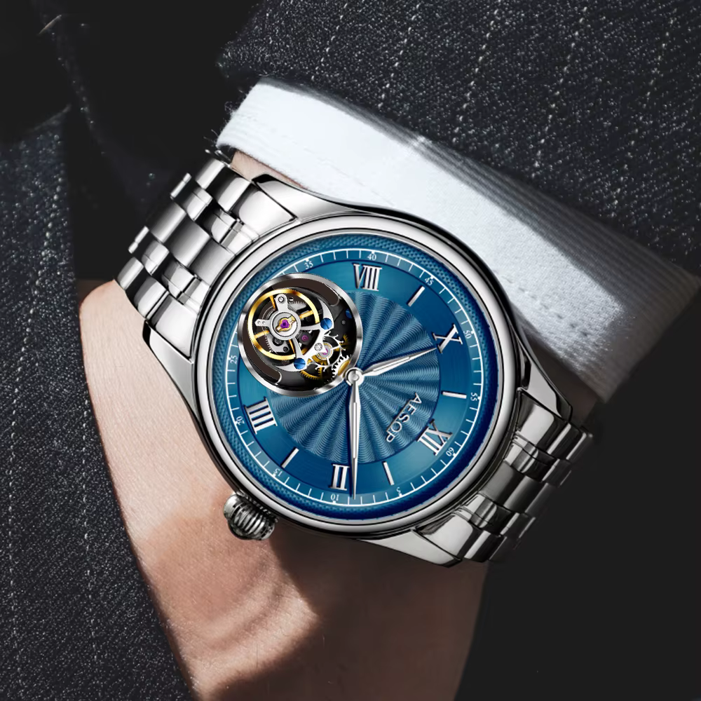 AESOP Tourbillon automatique montres mécaniques édition limitée hommes mouvement à remontage manuel montres-bracelets en cuir/acier inoxydable