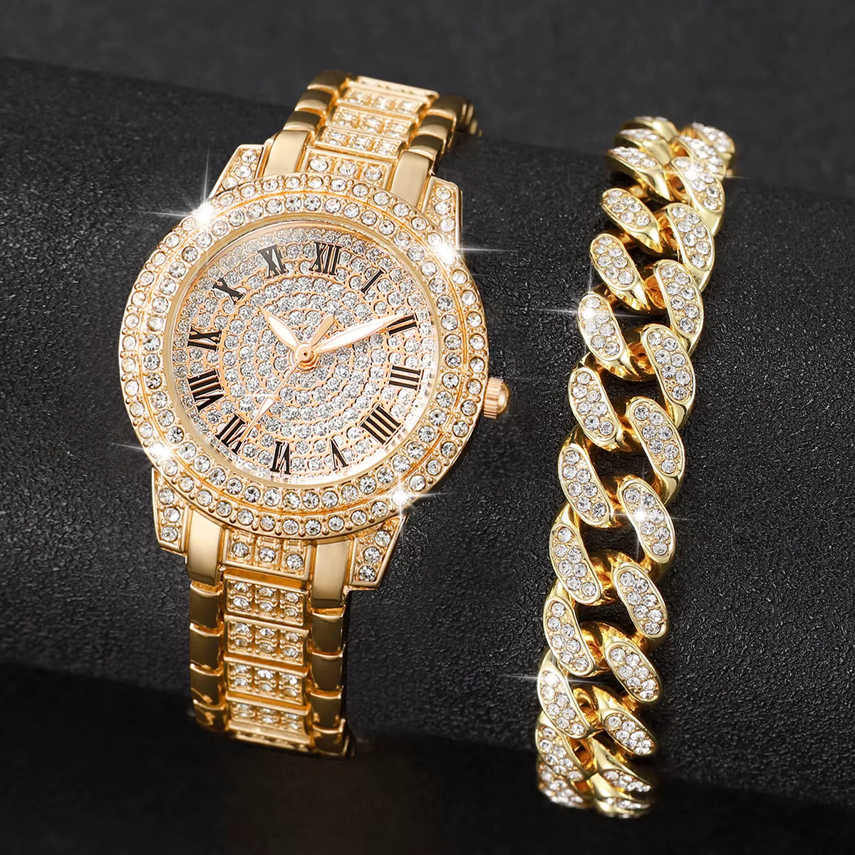 2 pièces mode diamant femmes montres montre en or dames