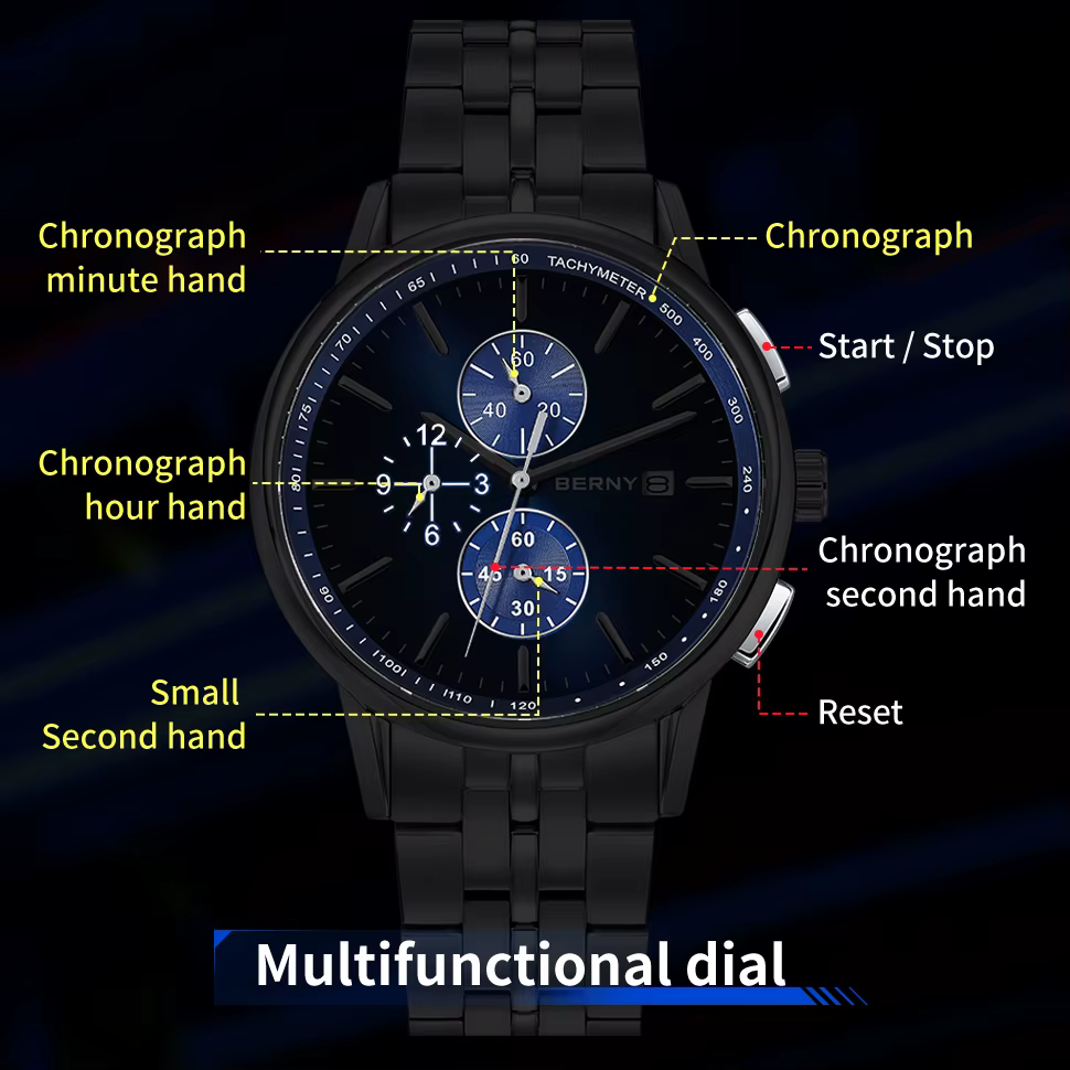 BERNY chronographe montres pour hommes 24 heures cadran MIYOTA OS10 multi-fonction en acier inoxydable saphir Sport