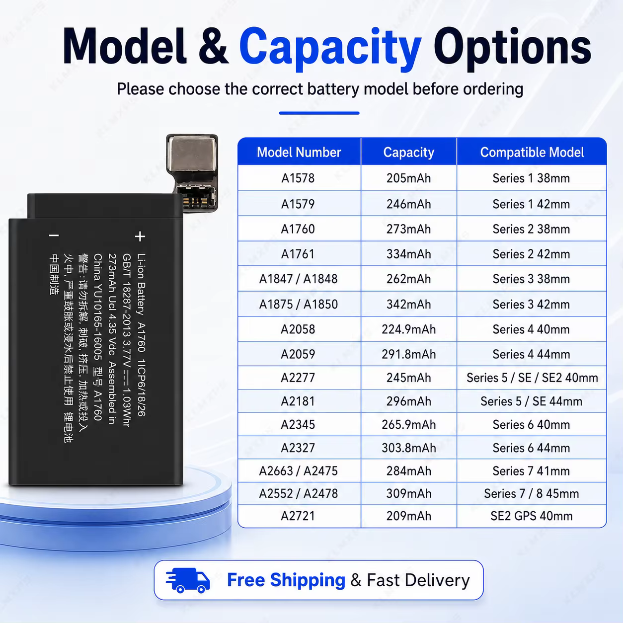 Batterie de remplacement pour Apple Watch Series 1/2/3/4/5 SE2 38/40/42/44/45MM iWatch