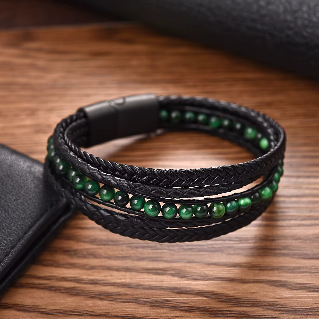 Bracelets classiques en pierre naturelle et cuir microfibre pour hommes
