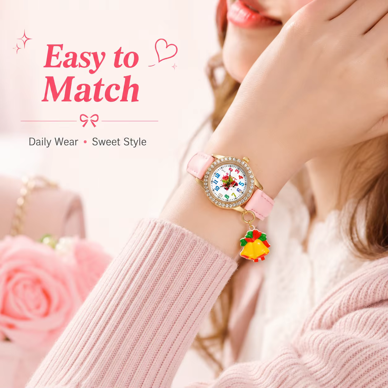 Montre de mode pour femme avec cadran floral numérique coloré, breloque cloche, lunette en strass dorés, bracelet réglable, disponible en 5 couleurs