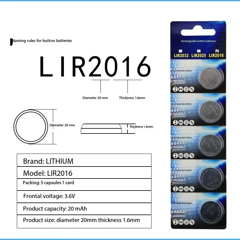 2-100 pièces LIR2016 batterie Rechargeable 3.6V 20mAH
