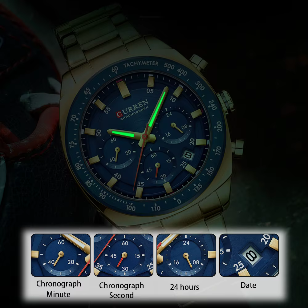 NOUVEAU CURREN 8497 Montre Chronographe Homme Bracelet Acier Inoxydable Aiguilles Lumineuses Date Étanche Quartz Relógio