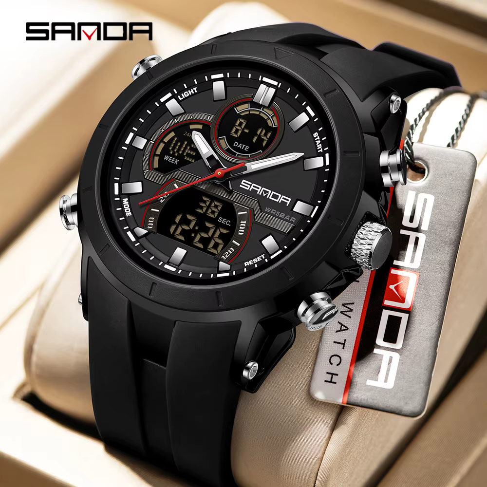 SANDA 6279 montres à Quartz électroniques pour homme double affichage grand cadran calendrier lumineux étanche Sports de plein air montre numérique