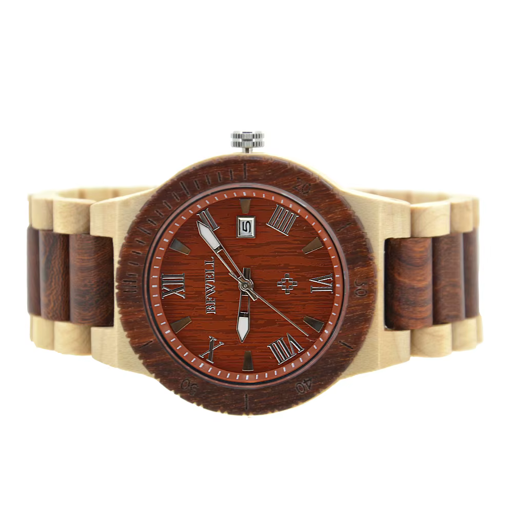 Montre Bracelet Homme en Bois Cadran Rond Faite Main Légère Date Lumineuse Quartz pour Port Quotidien Décontracté